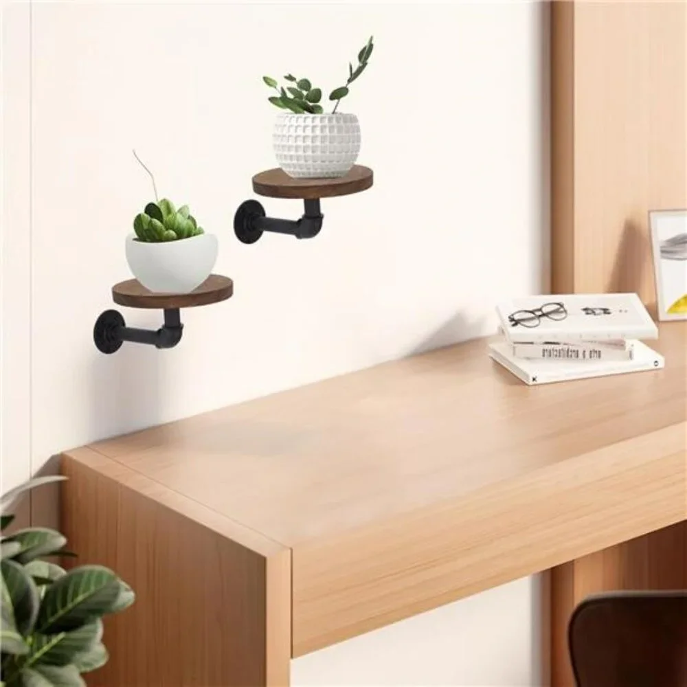 2 Pack Round Floating Corner Shelves Wall Mounted Wood Display Racks for Decor